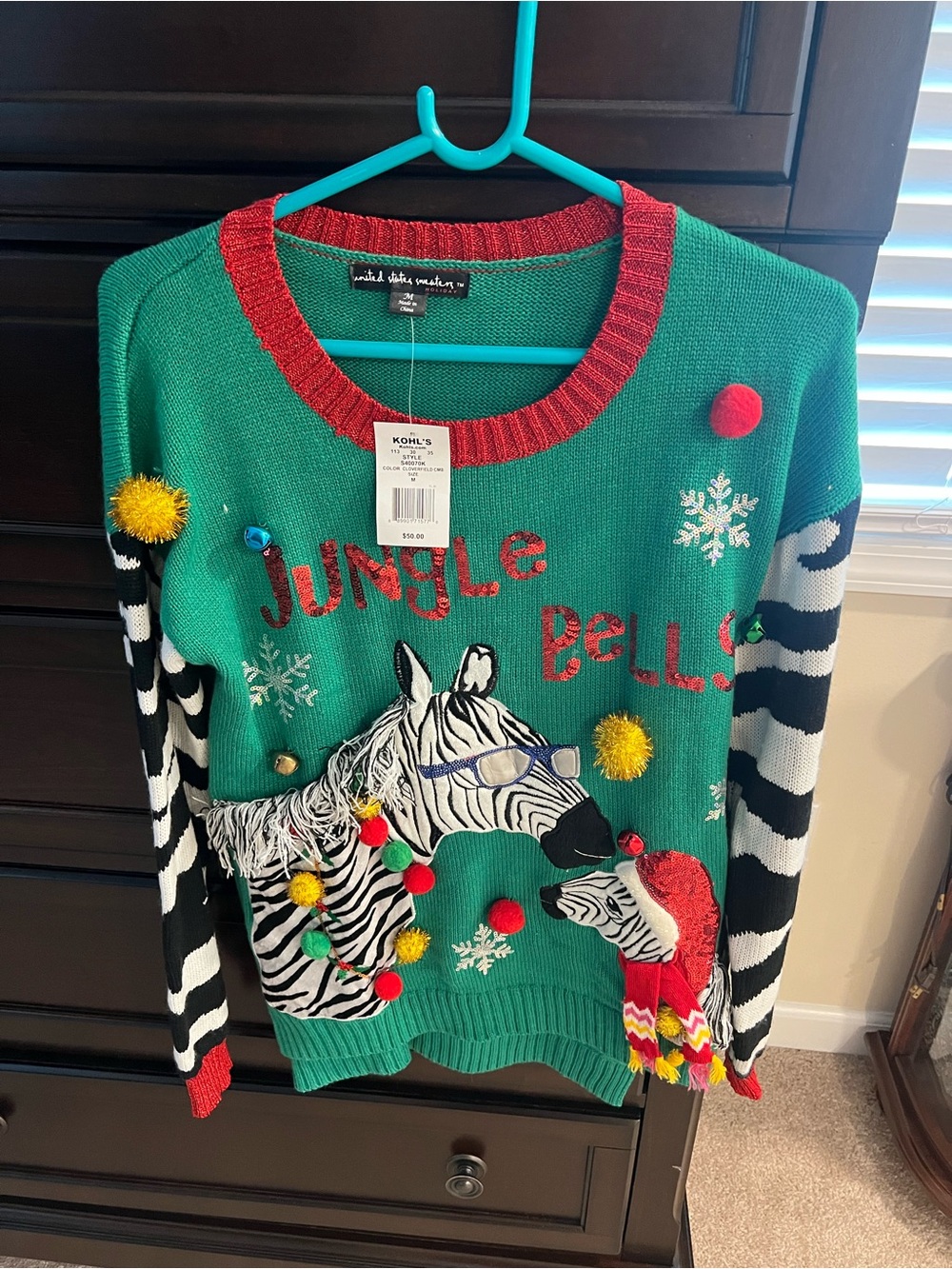 Kohl's Green & Red 'Jungle Bells' Zebra Holiday Crewneck Sweater